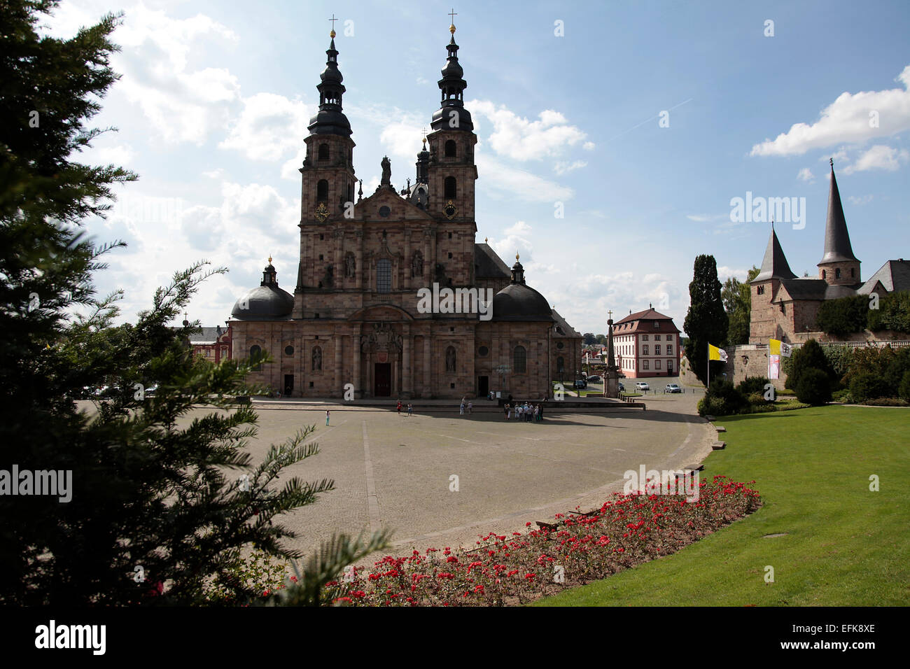 The Fulda Cathedral and right St. Michael`s church. Fulda Cathedral is the landmark of Fulda and he is the most important Baroque church of Hessen. This catholic church was built between 1704 and 1712 by the famous architect Johann Dientzenhofer. Photo: K Stock Photo